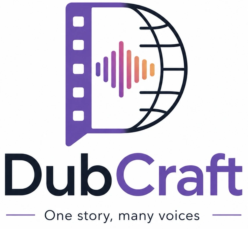 DubCraft – One story, many voices. Logo mit Filmstreifen, Globus und Klangwelle.